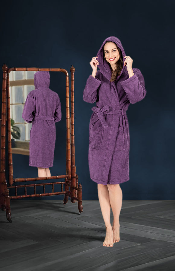 CTT Unisex Bathrobe, 100% Turkish Cotton Hooded Terry Robe, High Absorbent & Quick Dry