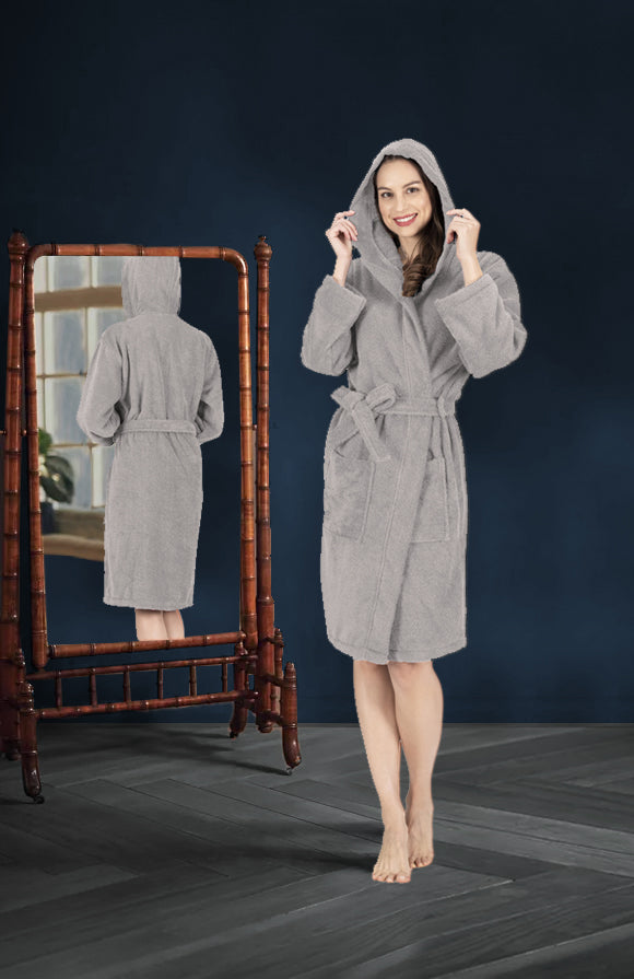 CTT Unisex Bathrobe, 100% Turkish Cotton Hooded Terry Robe, High Absorbent & Quick Dry