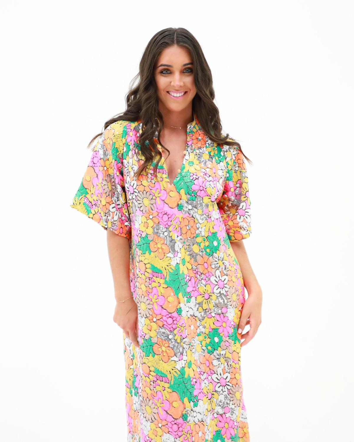 Leighton Coral Cascade Maxi Dress