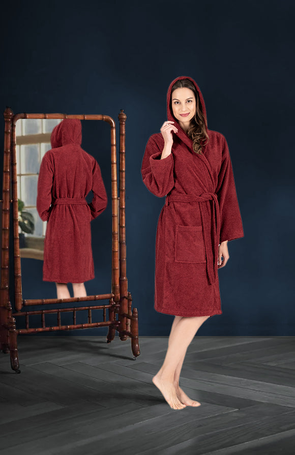 CTT Unisex Bathrobe, 100% Turkish Cotton Hooded Terry Robe, High Absorbent & Quick Dry
