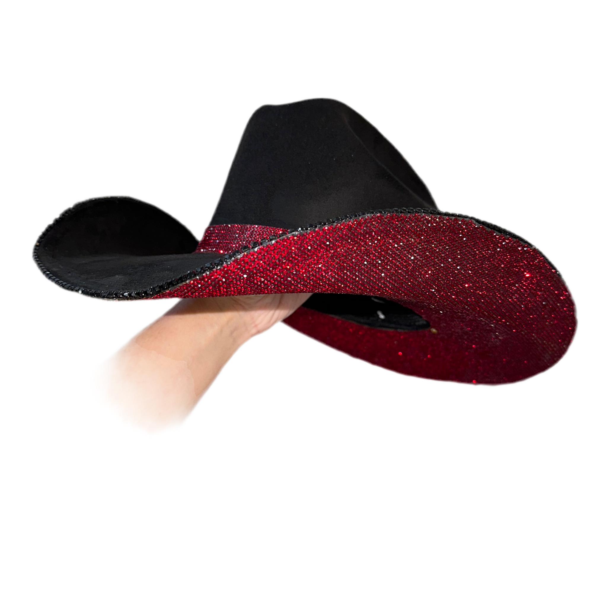 Black Suede Cowgirl Hat with Maroon Rhinestones