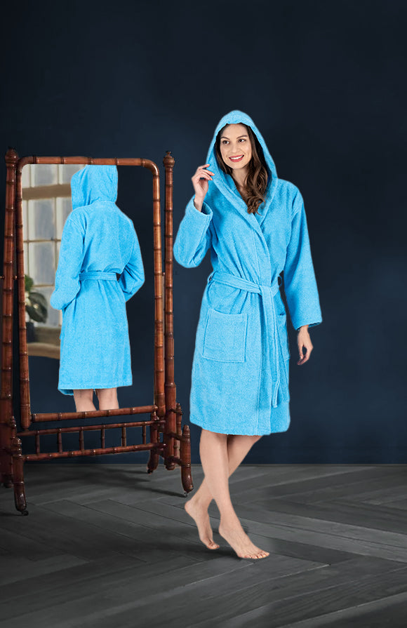 CTT Unisex Bathrobe, 100% Turkish Cotton Hooded Terry Robe, High Absorbent & Quick Dry