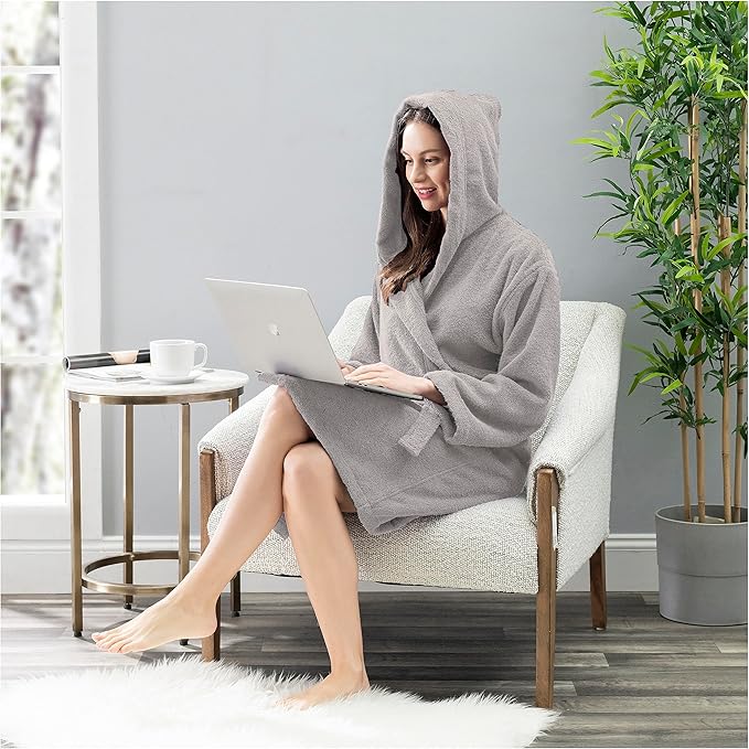 CTT Unisex Bathrobe, 100% Turkish Cotton Hooded Terry Robe, High Absorbent & Quick Dry