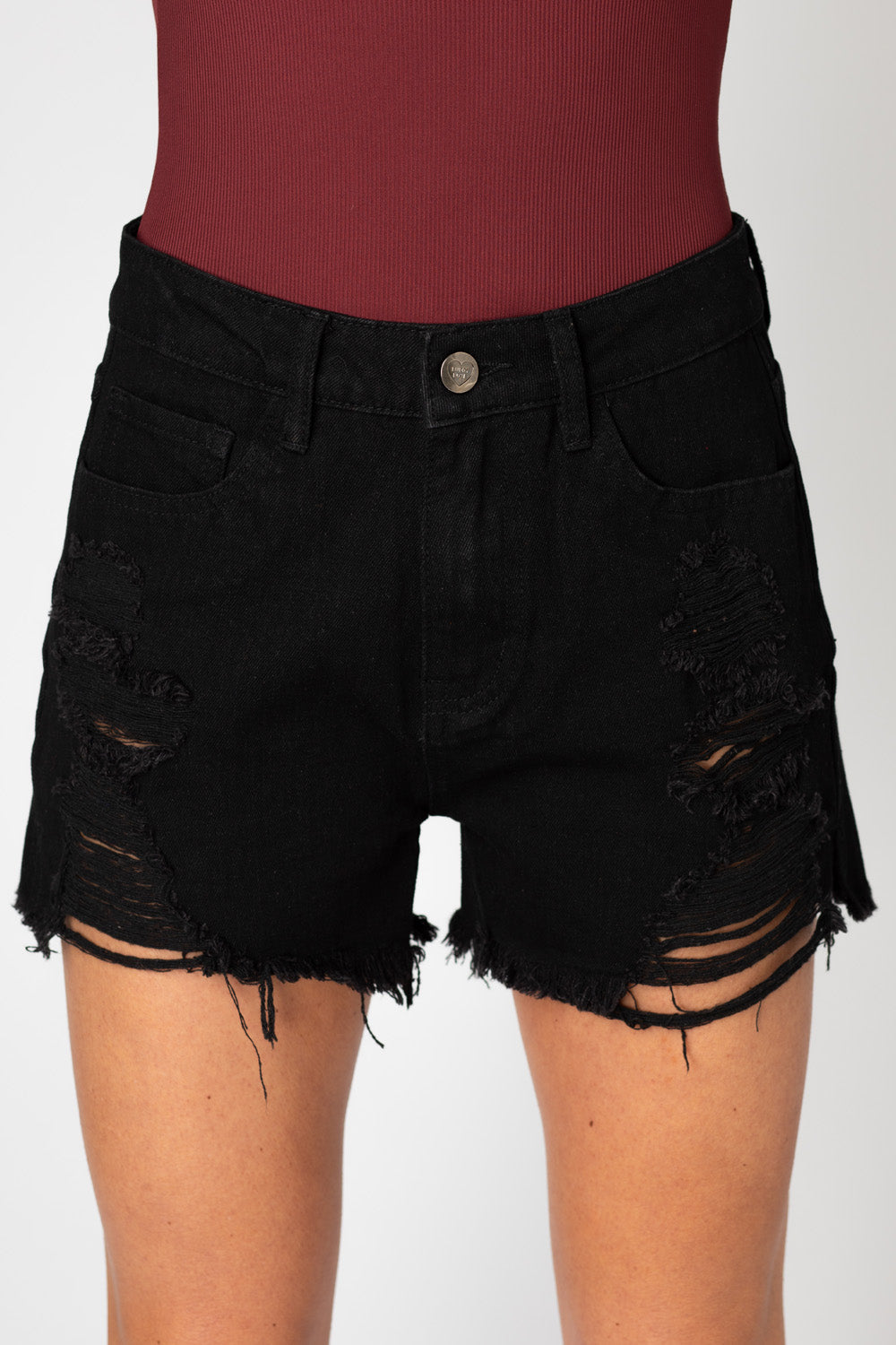 Sheriff Distressed High-Waisted Denim Shorts - Black