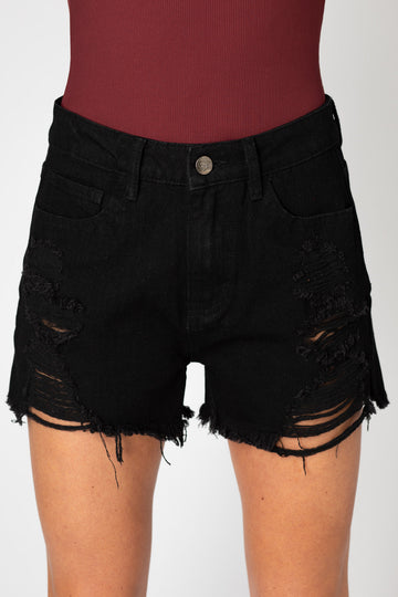 Sheriff Distressed High-Waisted Denim Shorts - Black