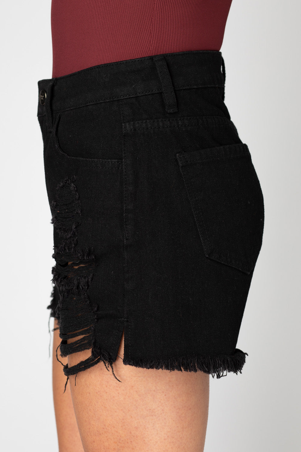 Sheriff Distressed High-Waisted Denim Shorts - Black