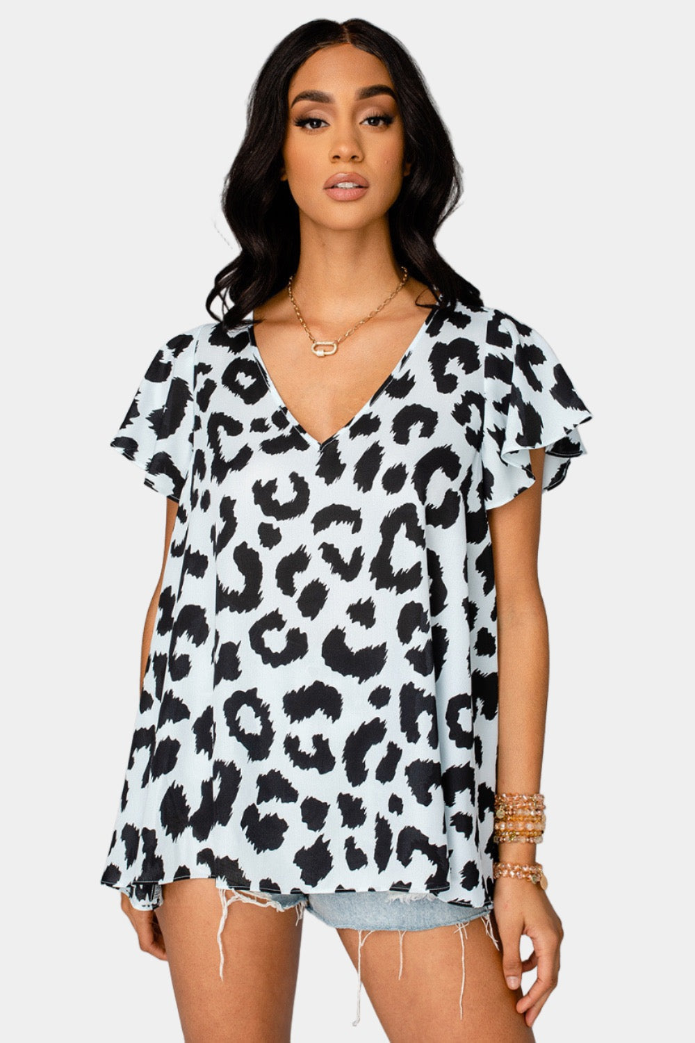 Avril Flutter Sleeve V-Neck Top - Alpine