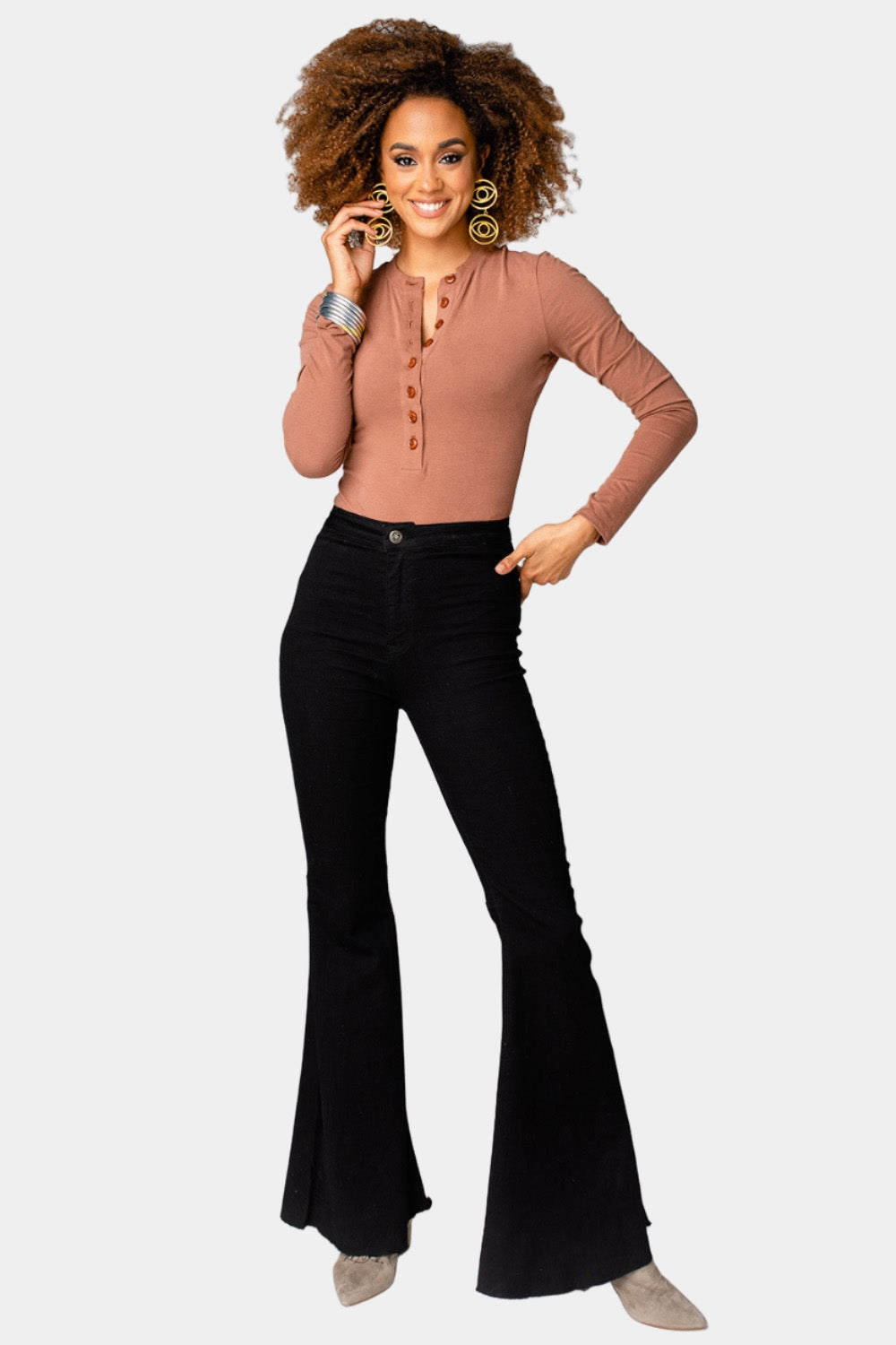 Ivy Henley Button Front Bodysuit - Brown