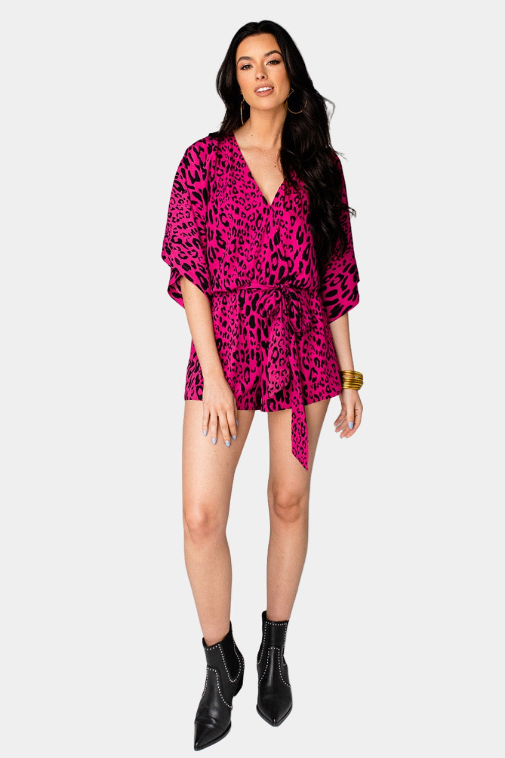 Maya Surplice Neckline Romper - Fuchsia Cat