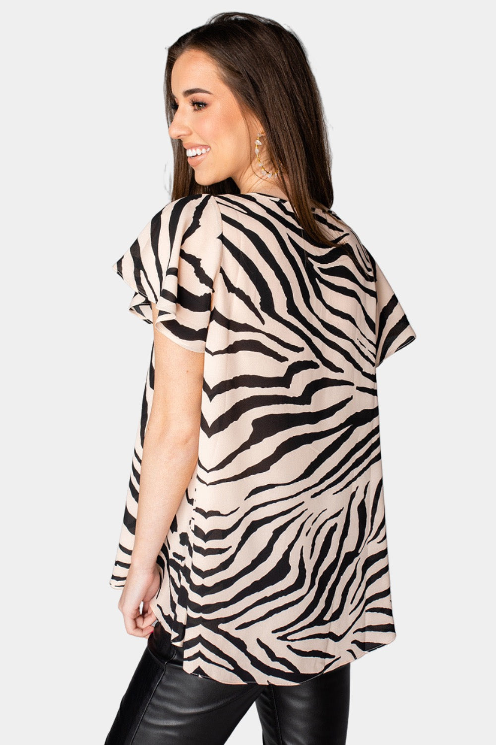 Avril Flutter Sleeve V-Neck Top - Zebra Striped