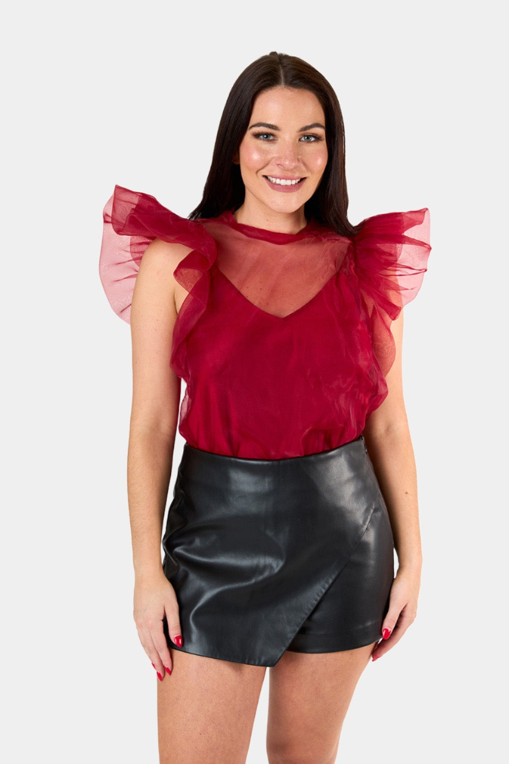 Kaycee Organza Ruffle Sleeve Top - Red