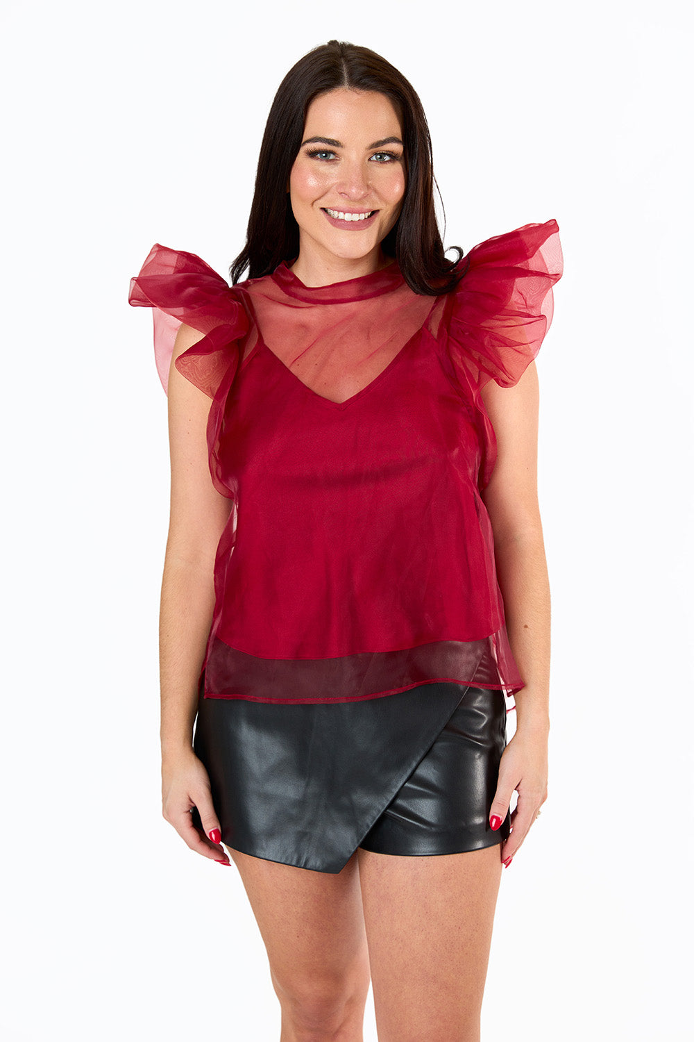 Kaycee Organza Ruffle Sleeve Top - Red