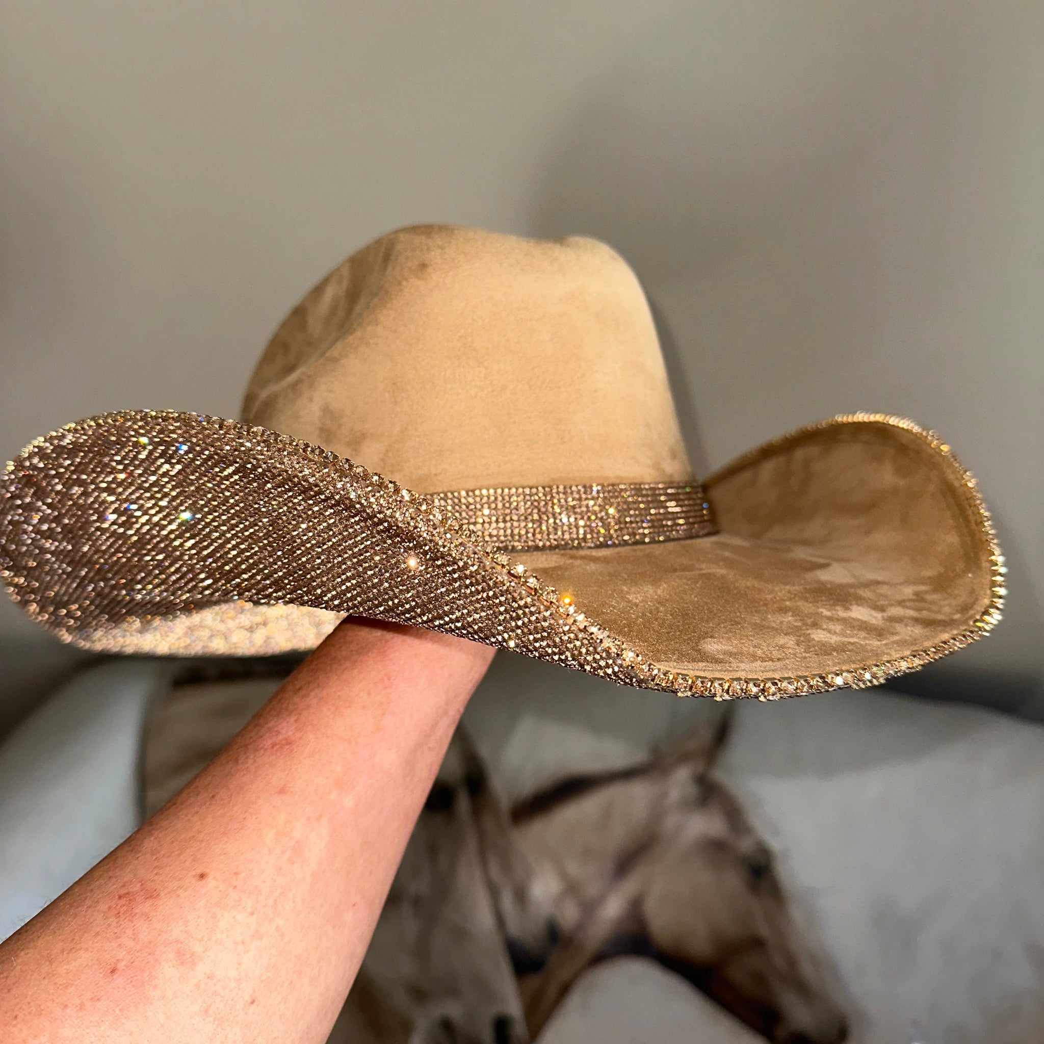 Camel Suede Cowgirl Hat with Lt Topaz Rhinestones