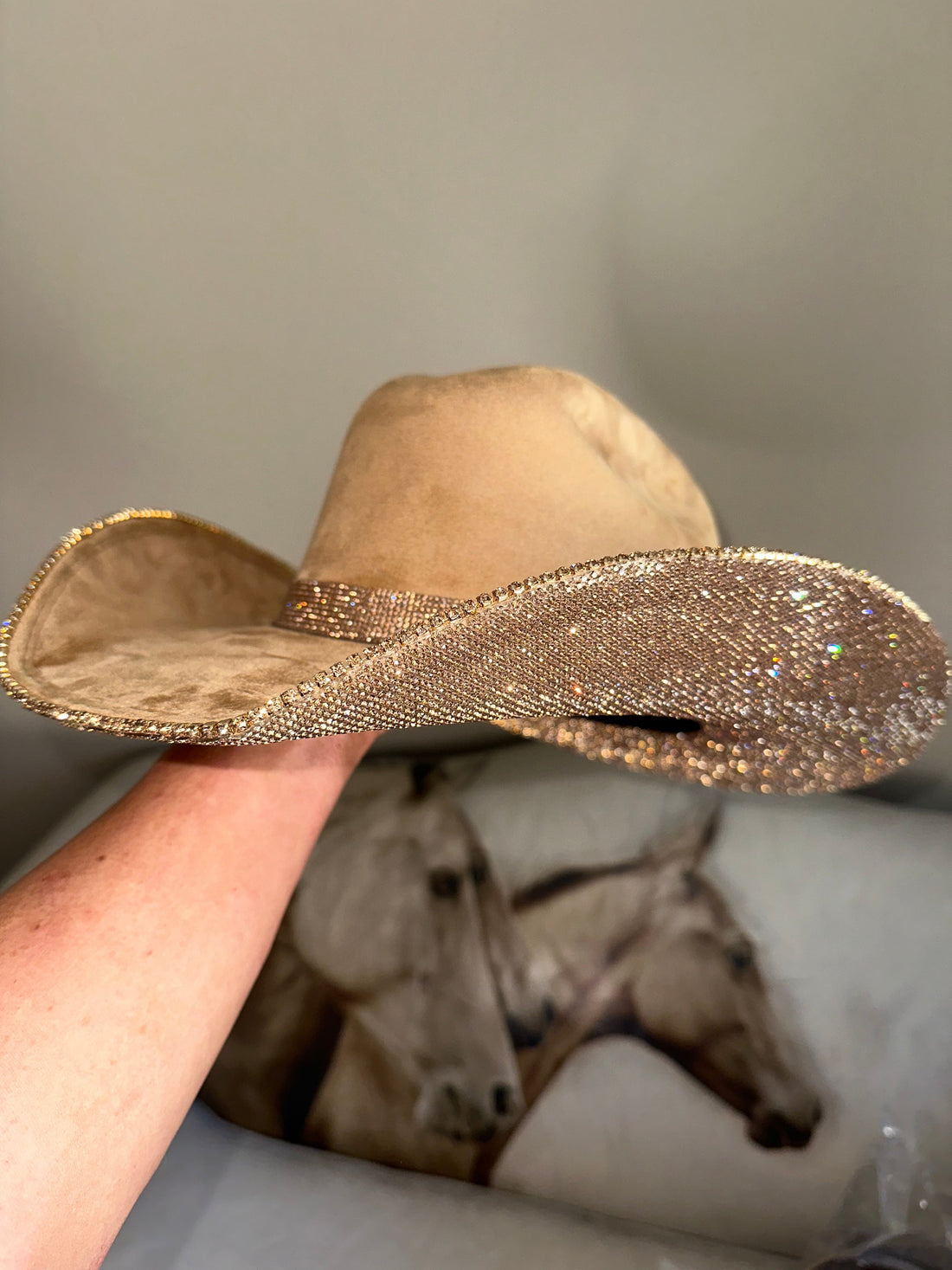Camel Suede Cowgirl Hat with Lt Topaz Rhinestones
