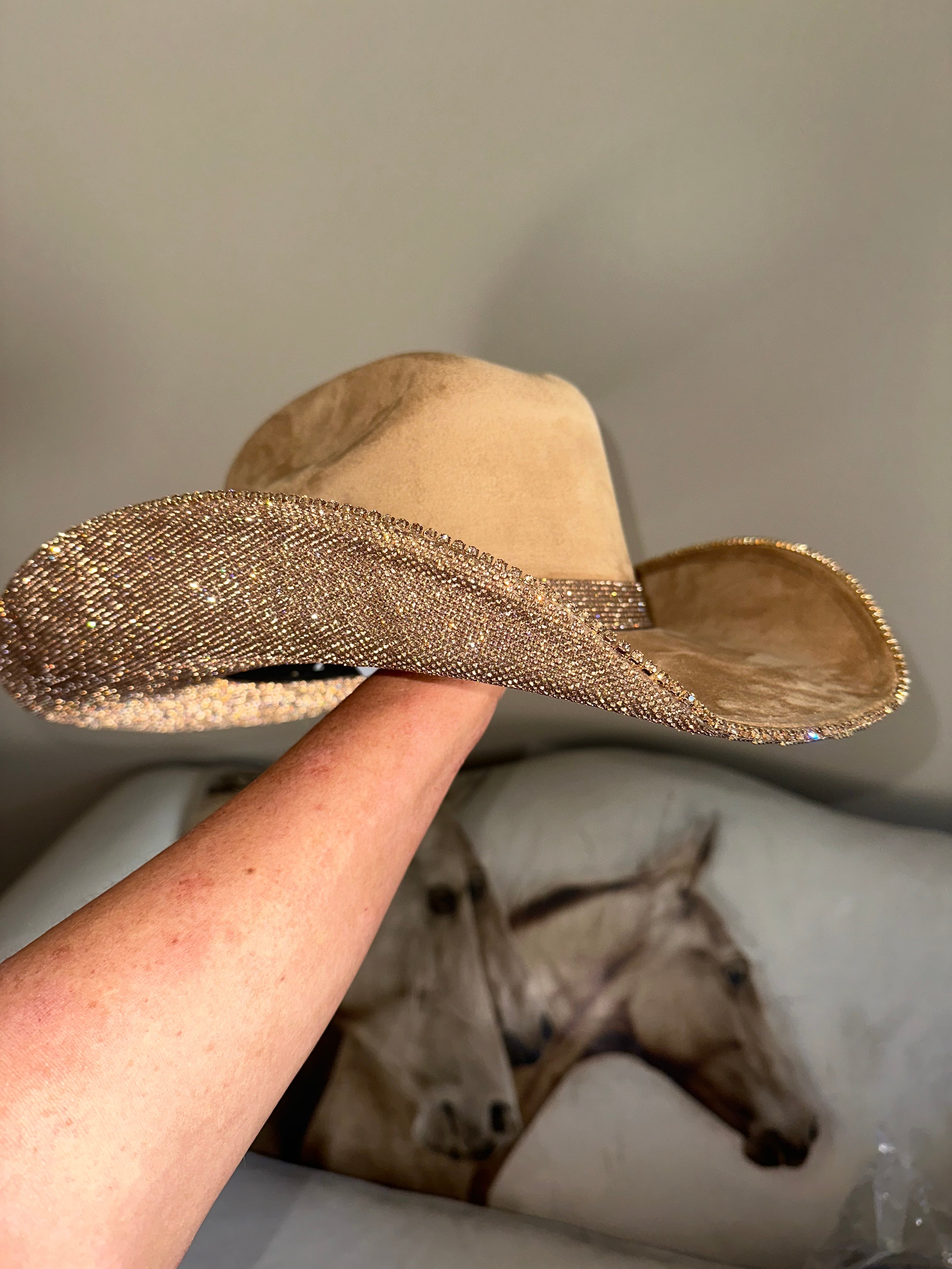 Camel Suede Cowgirl Hat with Lt Topaz Rhinestones