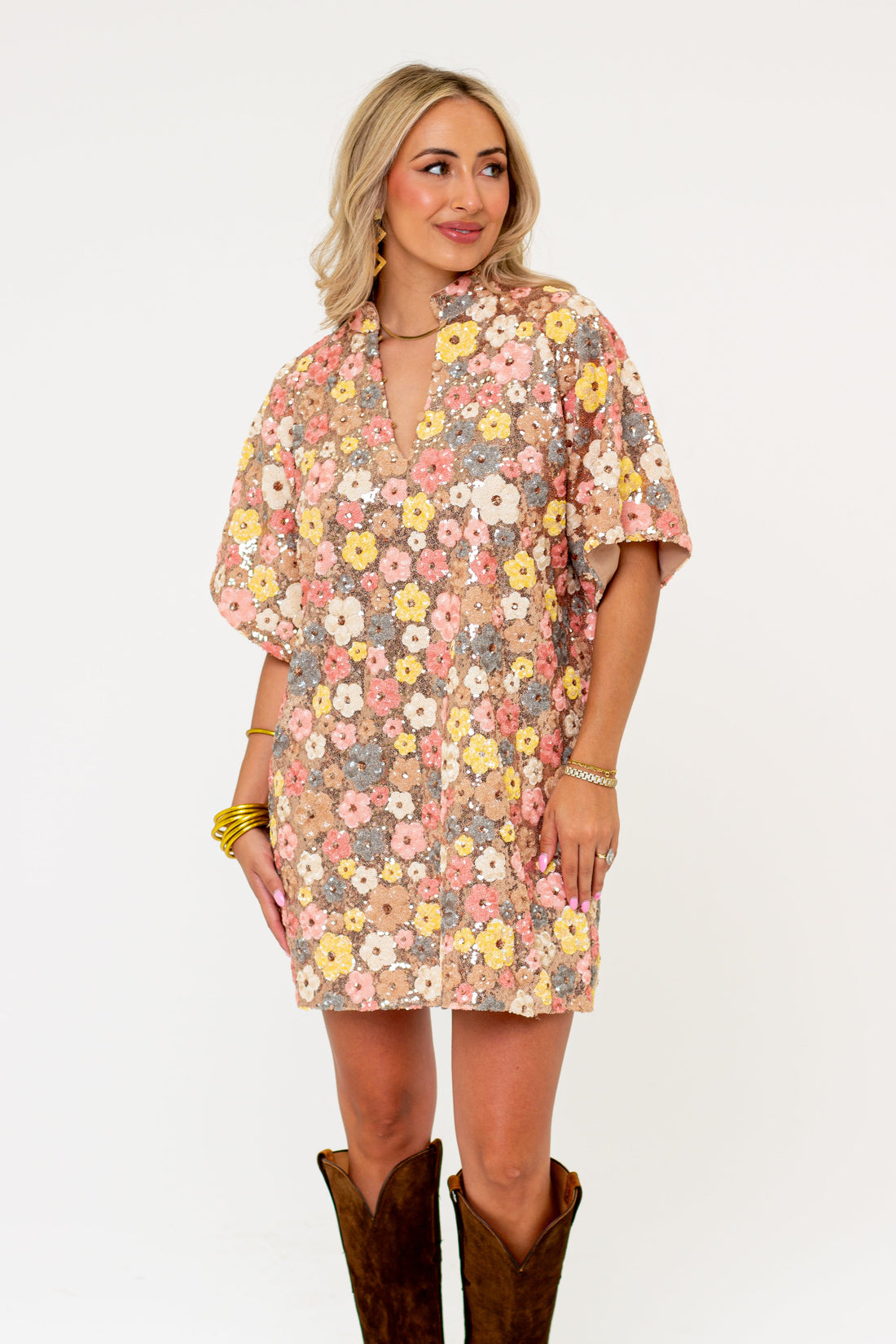 Lulu Short Sleeve Mini Caftan - Disco Flower
