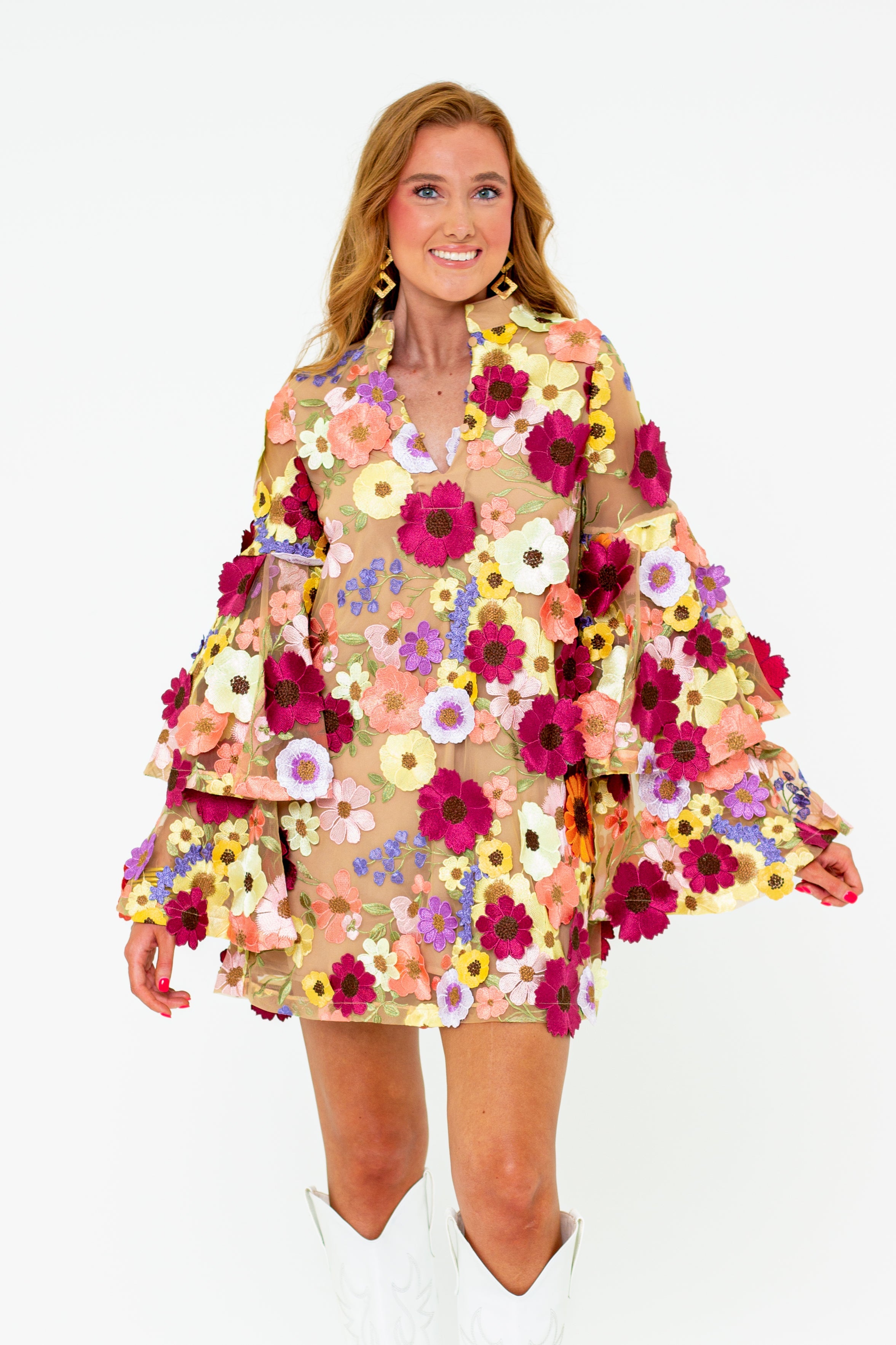 Gayle Long Sleeve Mini Dress - Gerber Daisy
