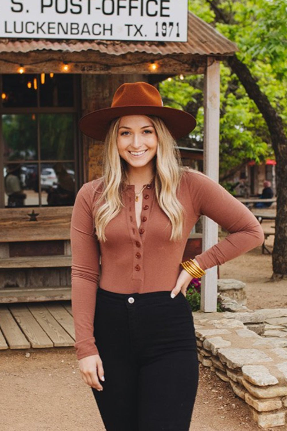 Ivy Henley Button Front Bodysuit - Brown