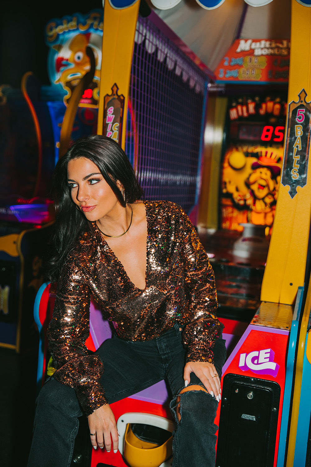 Jenny Long Sleeve Sequin Bodysuit - Copper