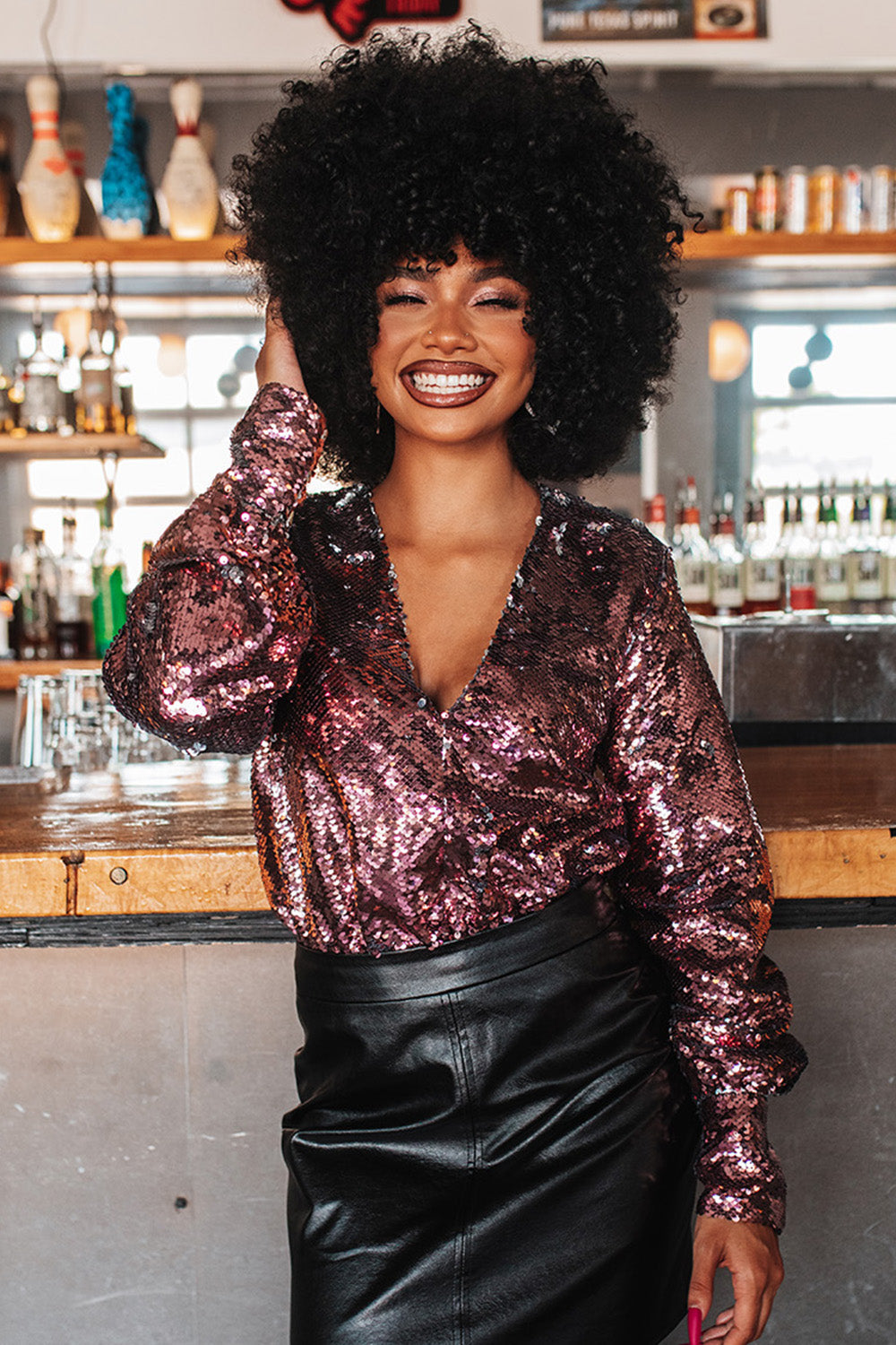 Jenny Long Sleeve Sequin Bodysuit - Rose