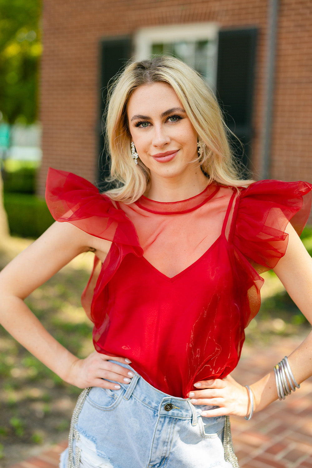 Kaycee Organza Ruffle Sleeve Top - Red