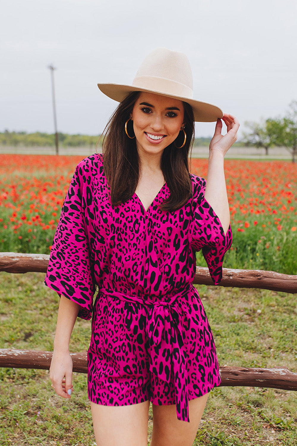 Maya Surplice Neckline Romper - Fuchsia Cat