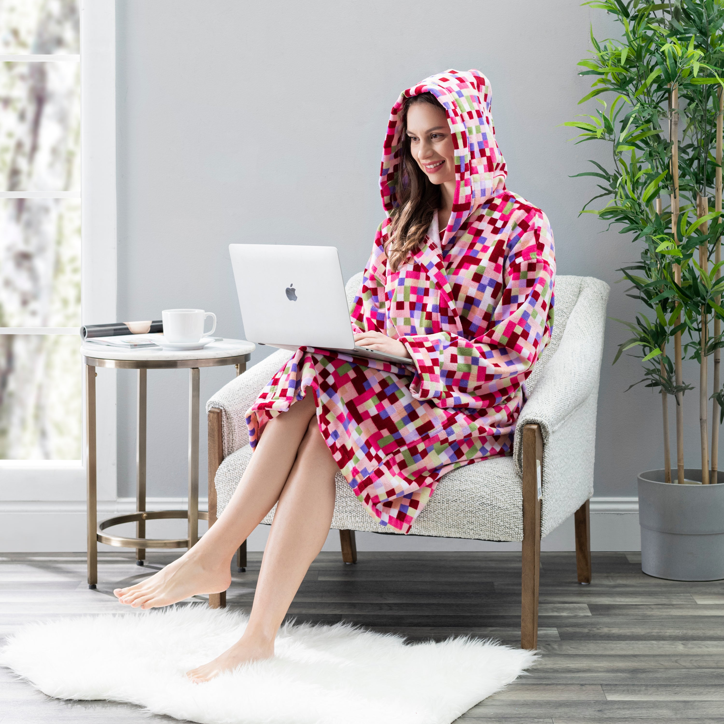 100% Turkish Cotton Hooded Robe - Olivia Square Printed Velour, Soft, Absorbent & Comfy