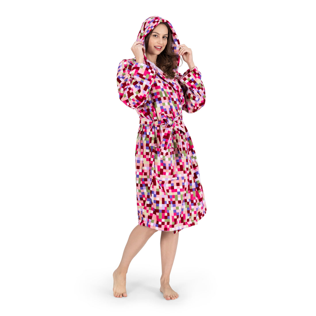 100% Turkish Cotton Hooded Robe - Olivia Square Printed Velour, Soft, Absorbent & Comfy