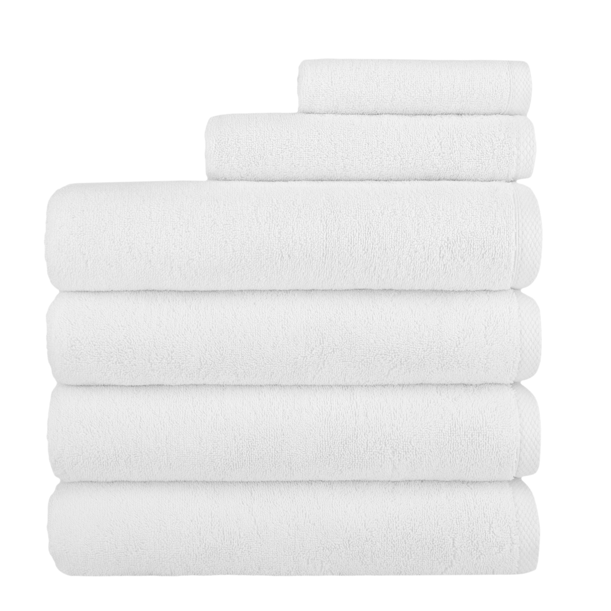 100% Turkish Cotton 6 Piece Towel Set White - Includes 4 bath towels, 1 hand towel, and 1 washcloth