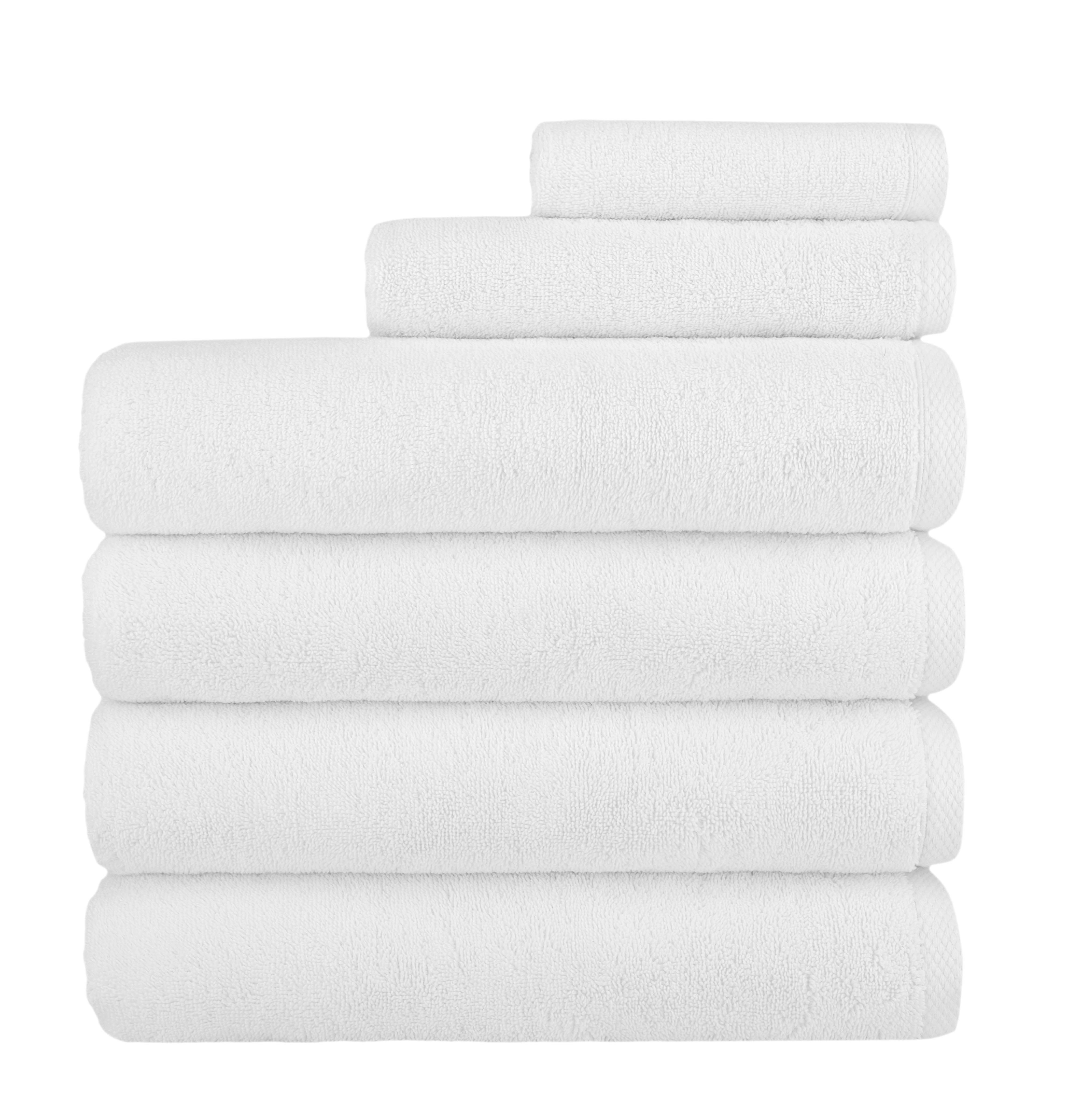 100% Turkish Cotton 6 Piece Towel Set White - Includes 4 bath towels, 1 hand towel, and 1 washcloth