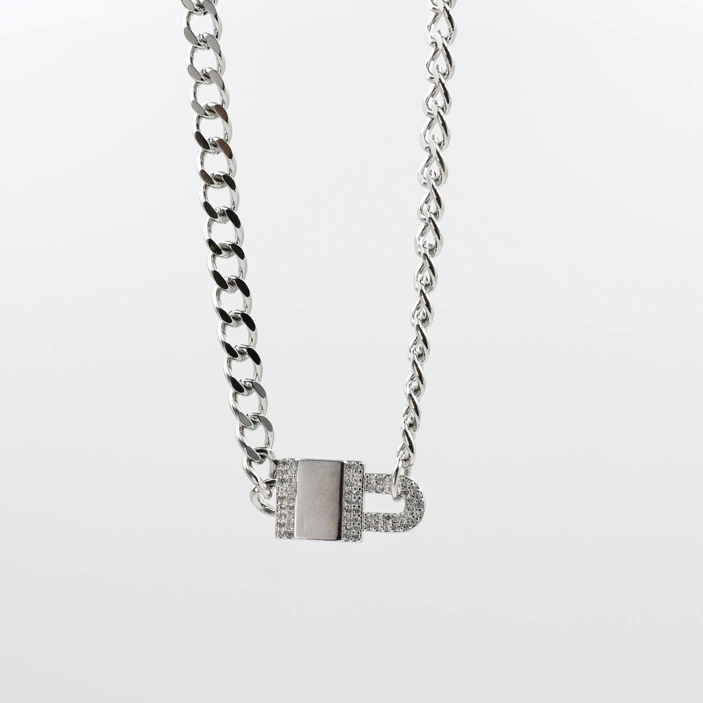 Pave Lock Chain Silver Necklace