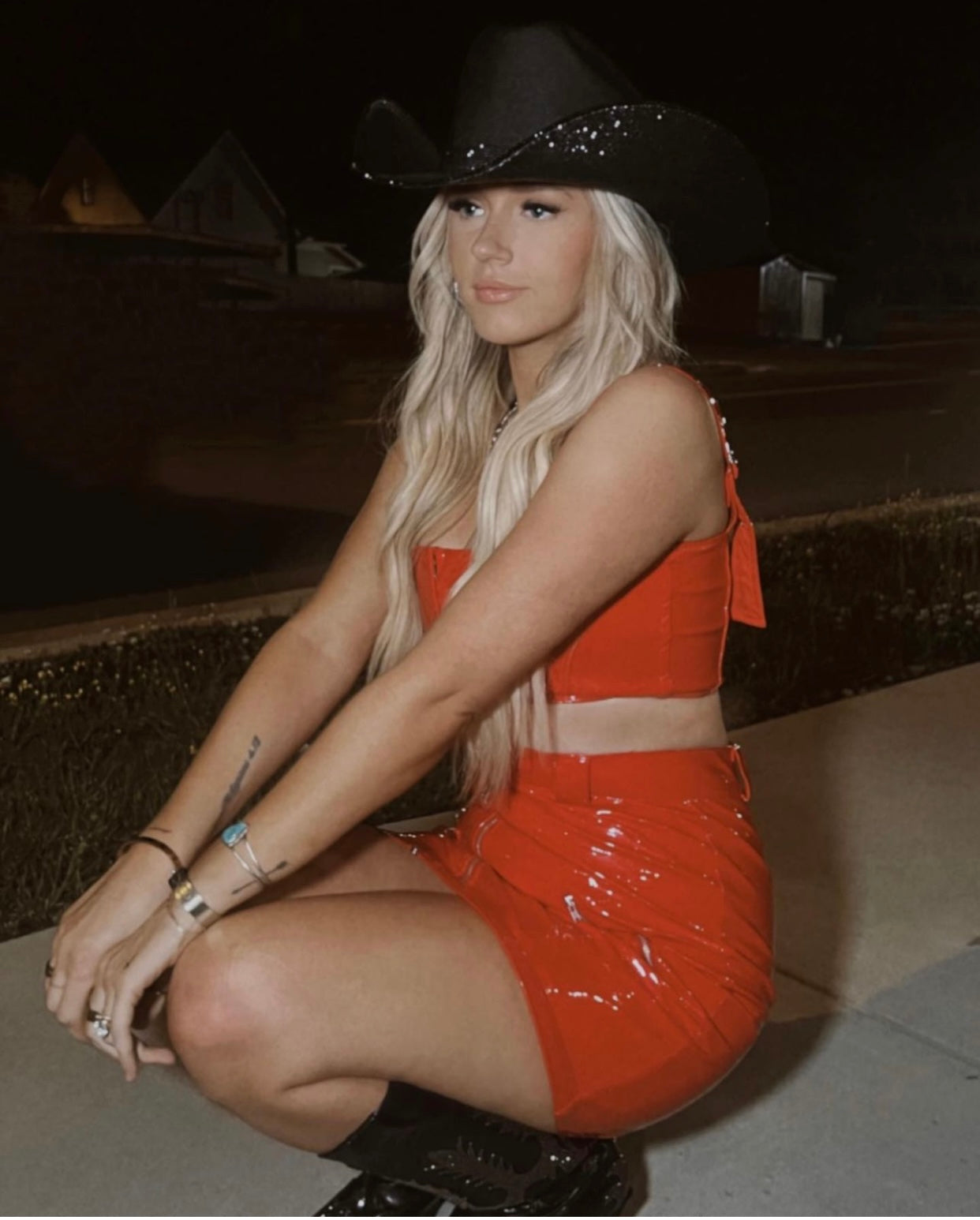 Blacked Out Square Style Rhinestone Cowgirl Hat- Underneath Only