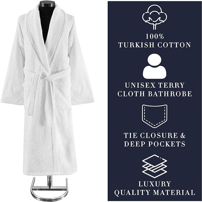 White Terry Cloth Turkish Cotton Shawl Collar Hotel Bathrobe - Unisex Italian Style Fitting - Single Robe